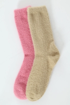 2 Pack Plain Fluffy Cosy Socks - Pink