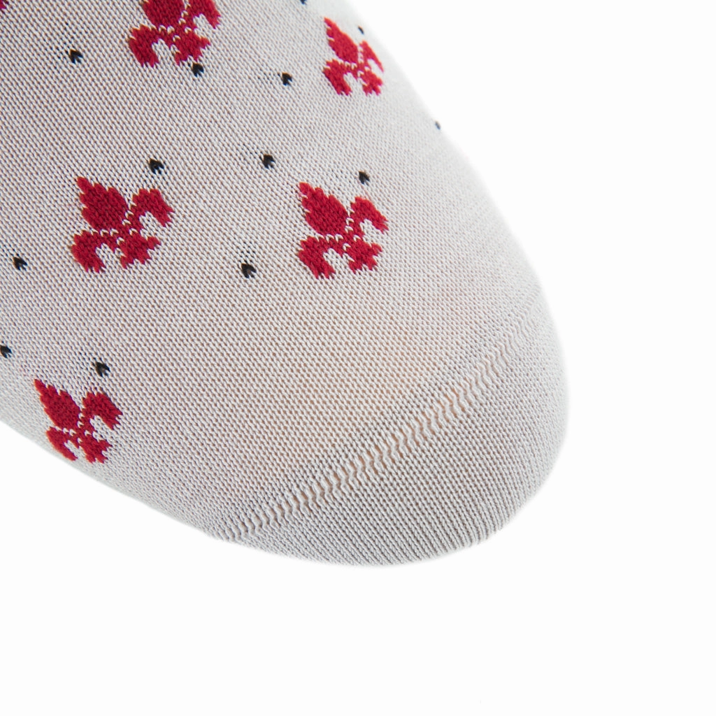 Ash with Red Fleur De Lis and Black Pin Dot Cotton Sock Linked Toe Mid-Calf