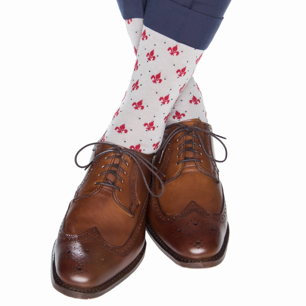 Ash with Red Fleur De Lis and Black Pin Dot Cotton Sock Linked Toe Mid-Calf