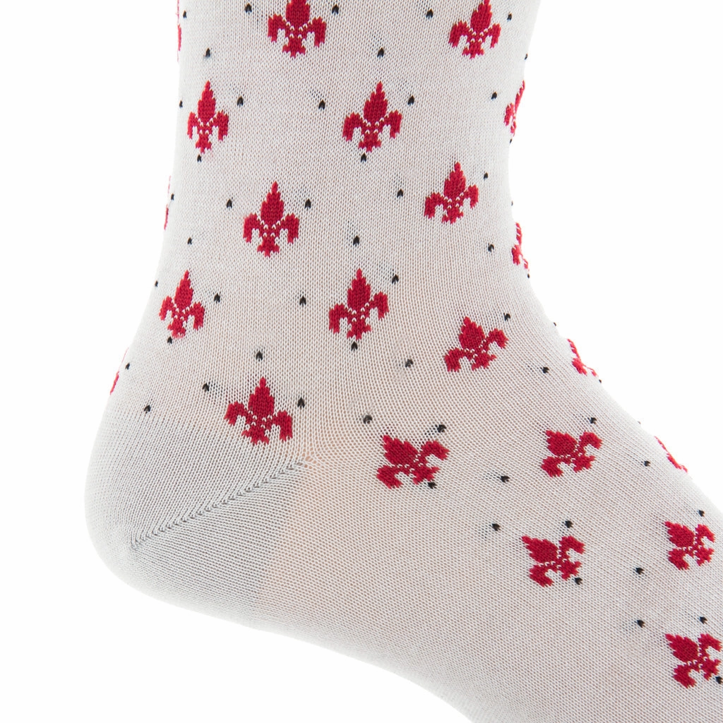 Ash with Red Fleur De Lis and Black Pin Dot Cotton Sock Linked Toe Mid-Calf