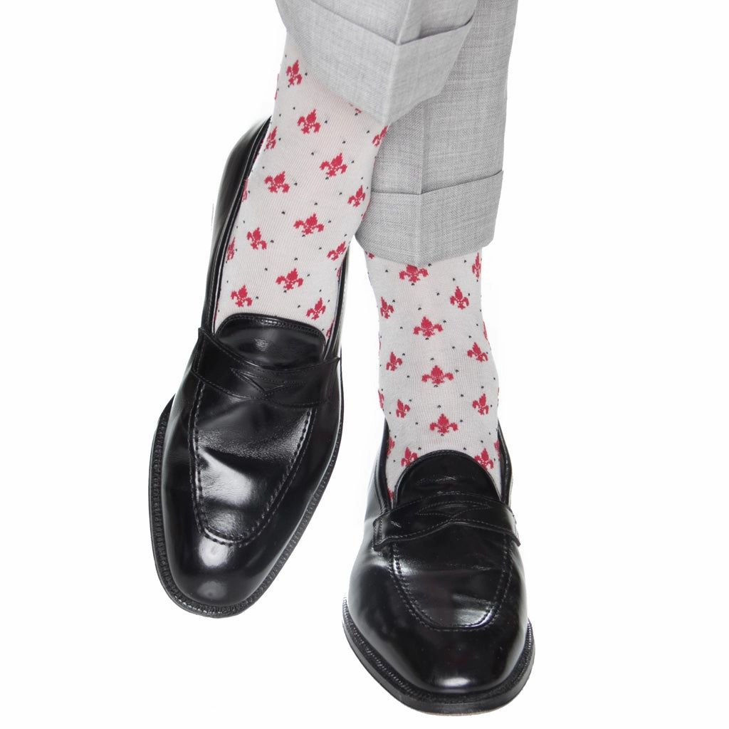 Ash with Red Fleur De Lis and Black Pin Dot Cotton Sock Linked Toe Mid-Calf