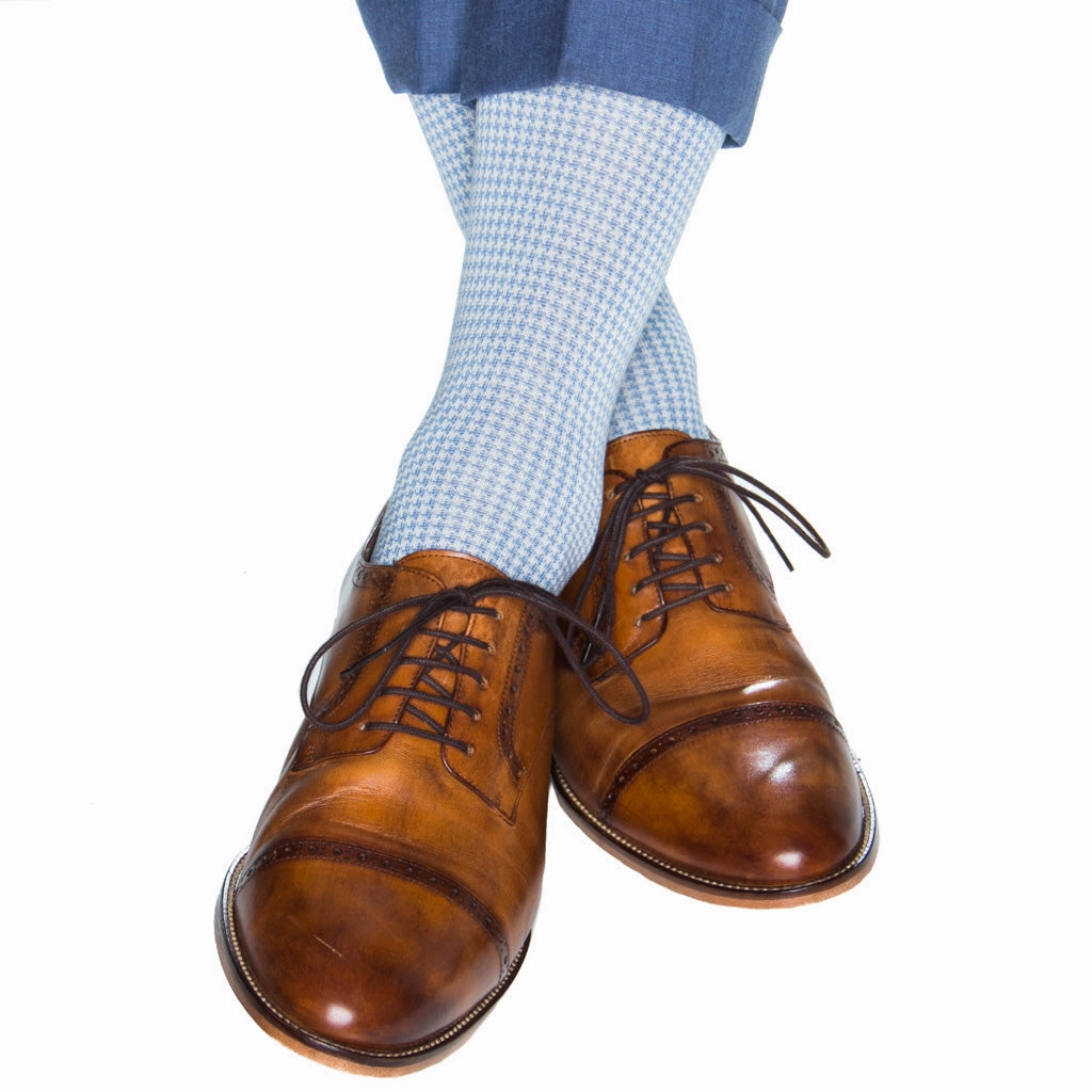 Azure Blue and Cream Houndstooth Cotton Sock Linked Toe OTC