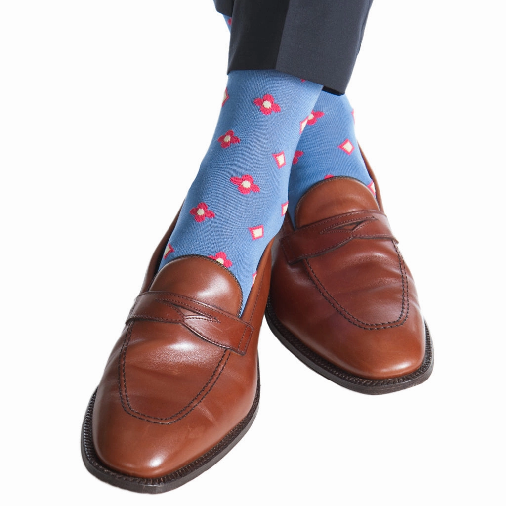 Azure Blue with Coral and Buttercream Neats Cotton Sock Linked Toe OTC