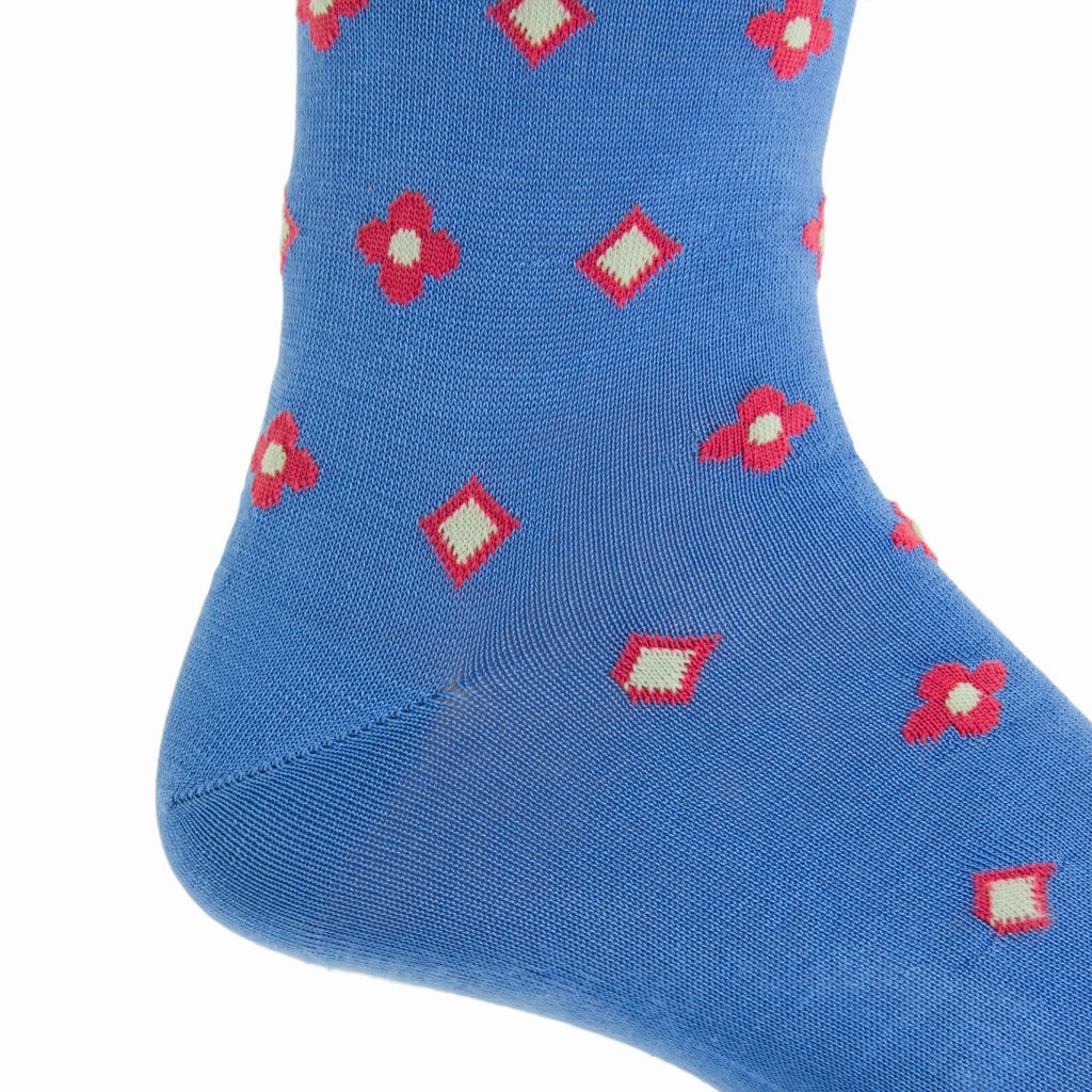 Azure Blue with Coral and Buttercream Neats Cotton Sock Linked Toe OTC