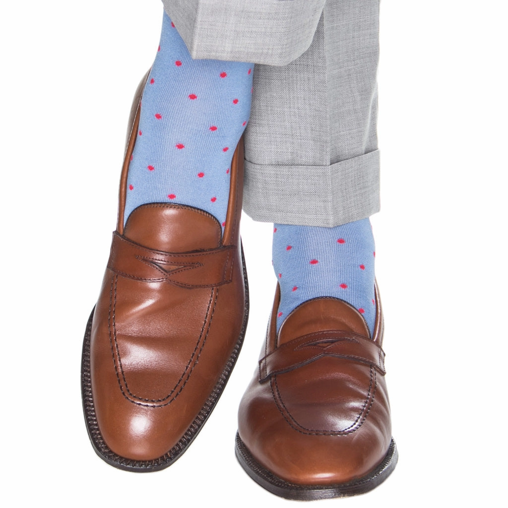 Azure Blue with Coral Dot Sock Cotton Linked Toe OTC