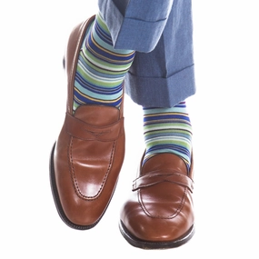 Azure Blue with Grass Green, Yolk, Sky Blue, Navy and Cream Stripe Cotton Sock Linked Toe OTC