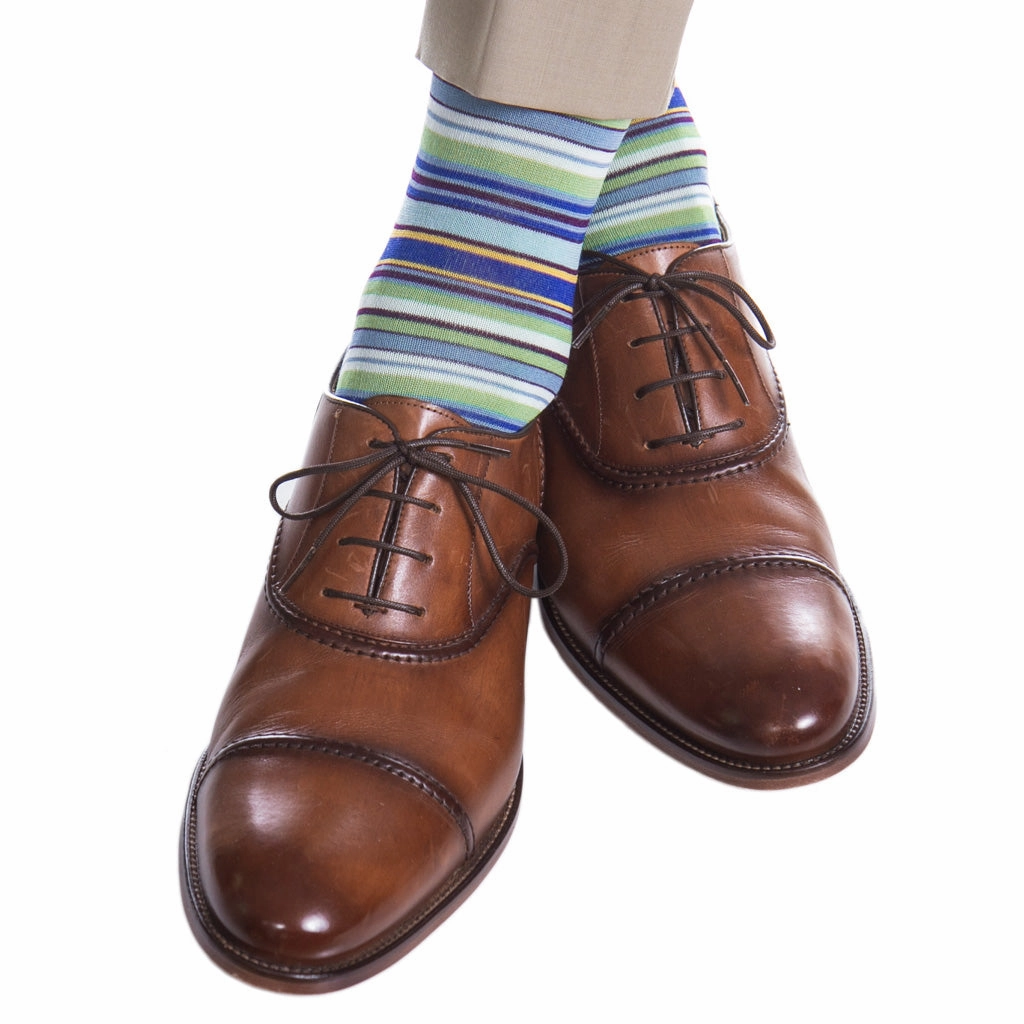 Azure Blue with Grass Green, Yolk, Sky Blue, Navy and Cream Stripe Cotton Sock Linked Toe OTC