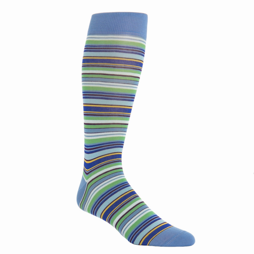 Azure Blue with Grass Green, Yolk, Sky Blue, Navy and Cream Stripe Cotton Sock Linked Toe OTC