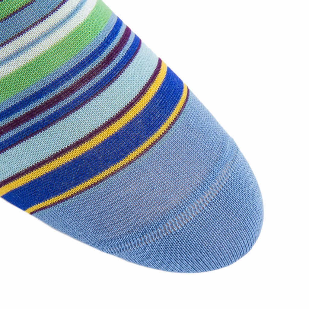 Azure Blue with Grass Green, Yolk, Sky Blue, Navy and Cream Stripe Cotton Sock Linked Toe OTC