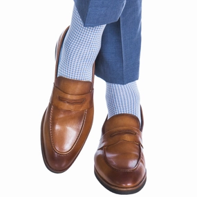 Azure Blue with Pink Houndstooth Cotton Sock Linked Toe OTC