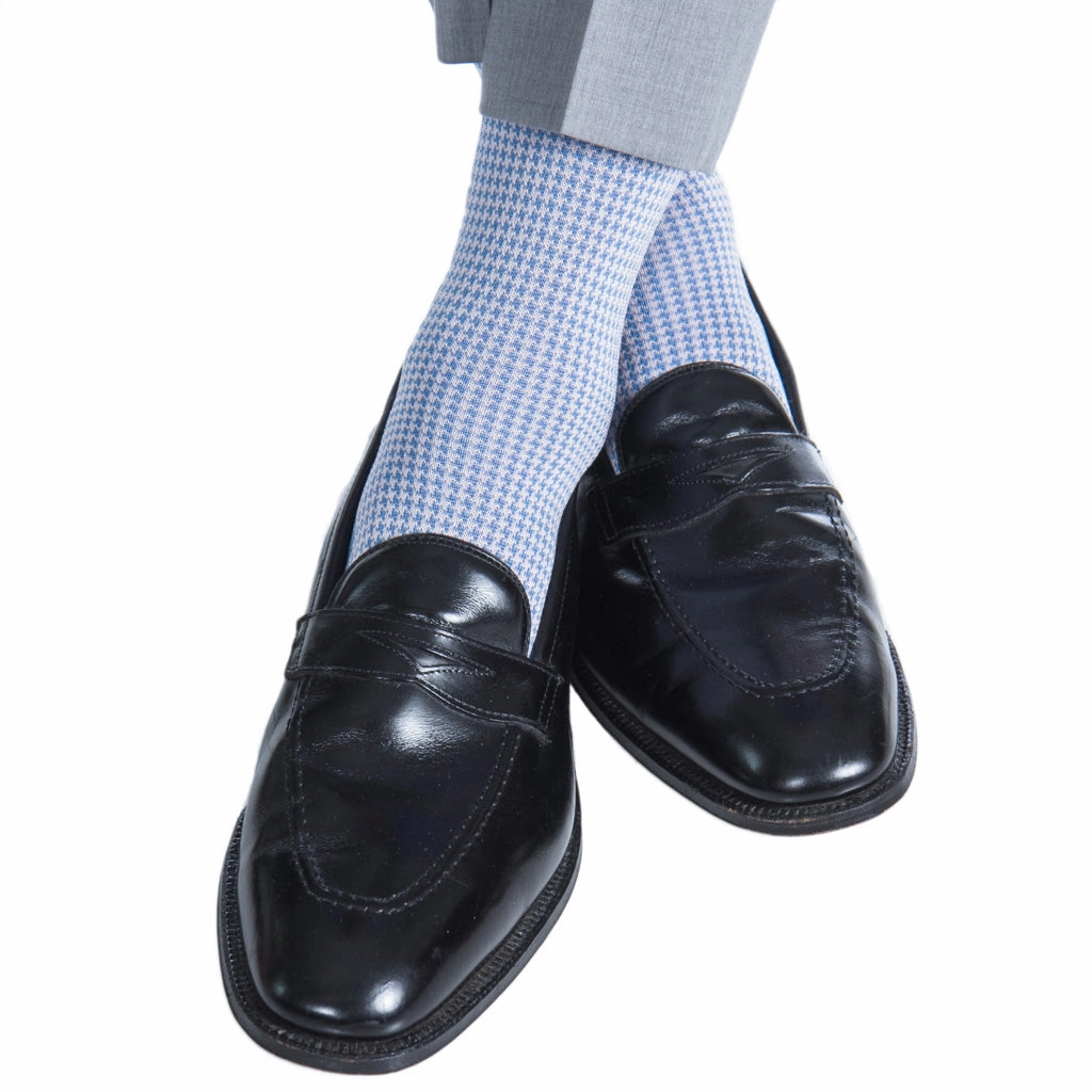 Azure Blue with Pink Houndstooth Cotton Sock Linked Toe OTC
