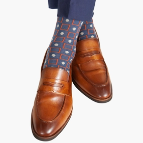 Bay Blue with Red Orange and Taupe Square and Dot Merino Wool Sock Linked Toe Mid-Calf