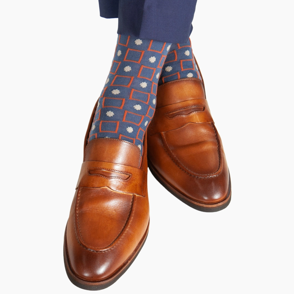 Bay Blue with Red Orange and Taupe Square and Dot Merino Wool Sock Linked Toe Mid-Calf