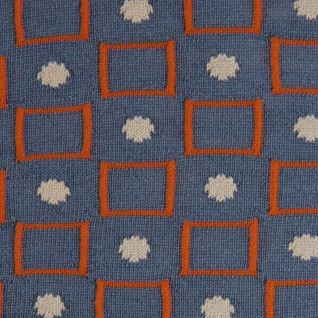 Bay Blue with Red Orange and Taupe Square and Dot Merino Wool Sock Linked Toe Mid-Calf