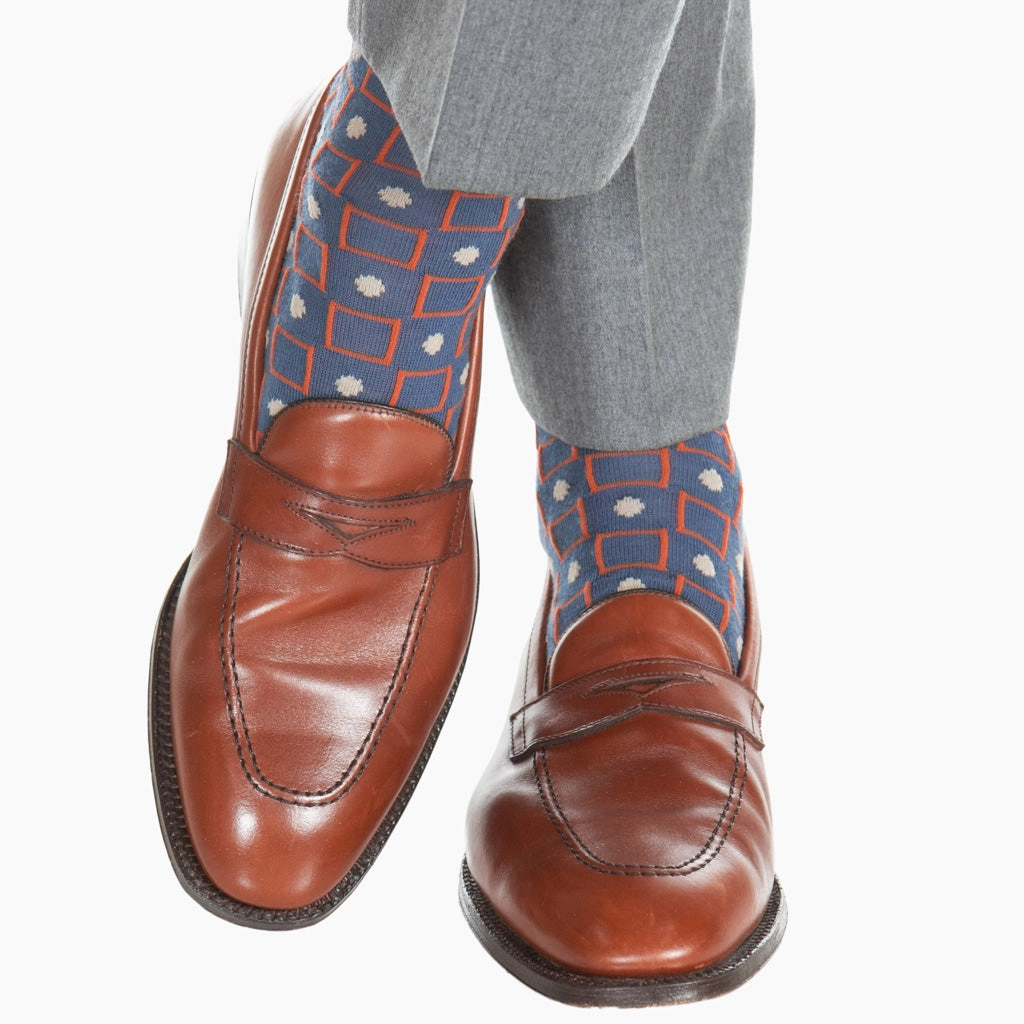 Bay Blue with Red Orange and Taupe Square and Dot Merino Wool Sock Linked Toe Mid-Calf