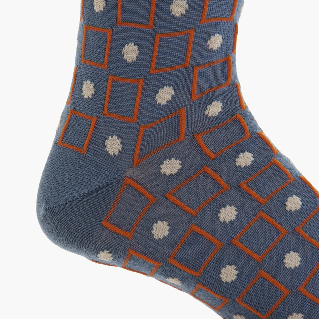 Bay Blue with Red Orange and Taupe Square and Dot Merino Wool Sock Linked Toe Mid-Calf