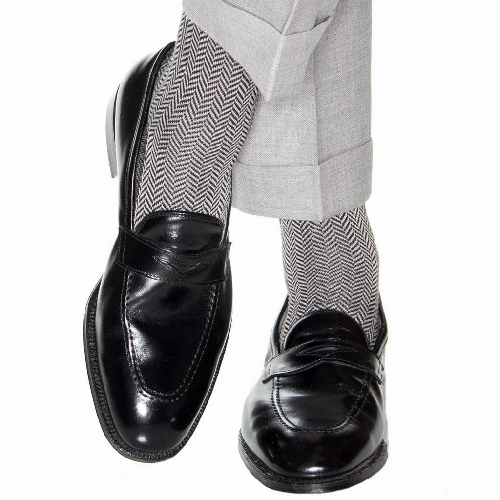 Black and Ash Herringbone Cotton Sock Mid-Calf