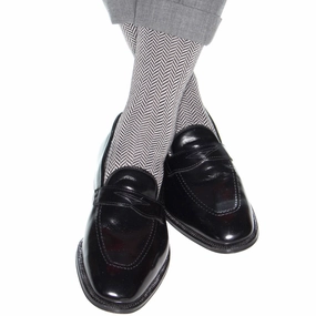 Black and Ash Herringbone Cotton Sock Mid-Calf