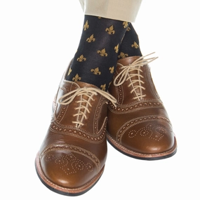 Black with Gold Fleur De Lis Cotton Sock Linked Toe Mid-Calf