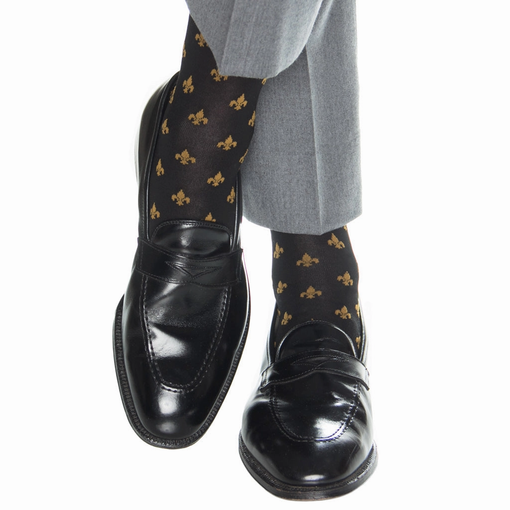 Black with Gold Fleur De Lis Merino Wool Sock Linked Toe Mid-Calf
