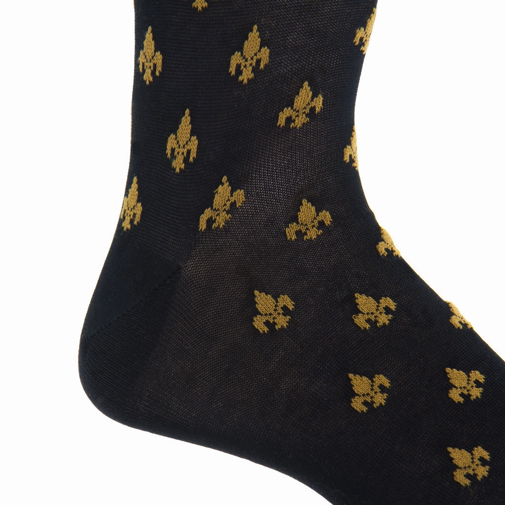 Black with Gold Fleur De Lis Merino Wool Sock Linked Toe Mid-Calf