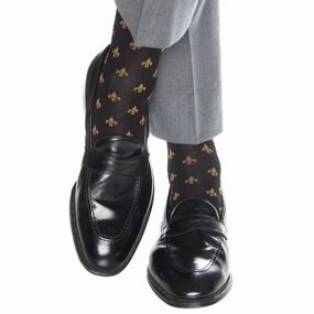 Black with Gold Fleur De Lis Merino Wool Sock Linked Toe OTC