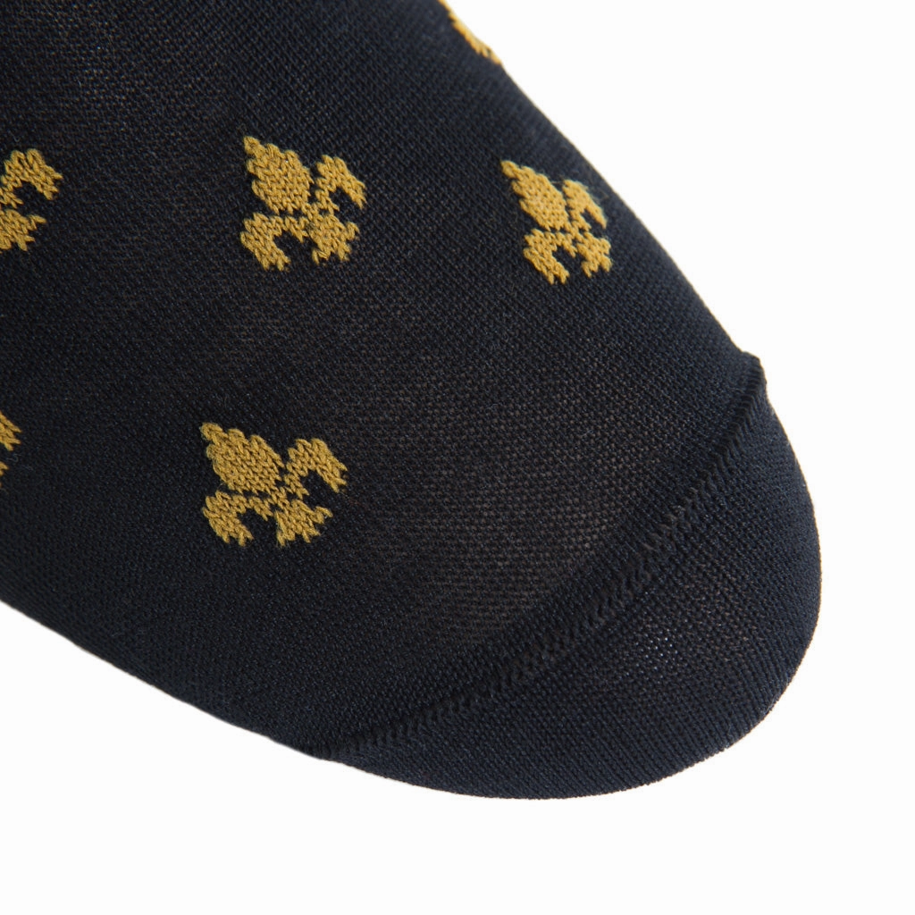 Black with Gold Fleur De Lis Merino Wool Sock Linked Toe OTC