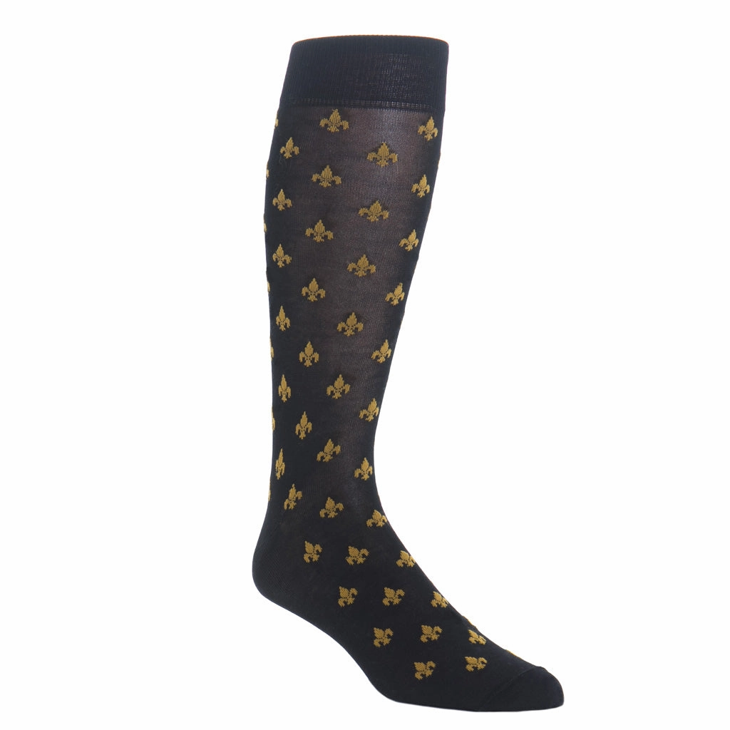 Black with Gold Fleur De Lis Merino Wool Sock Linked Toe OTC