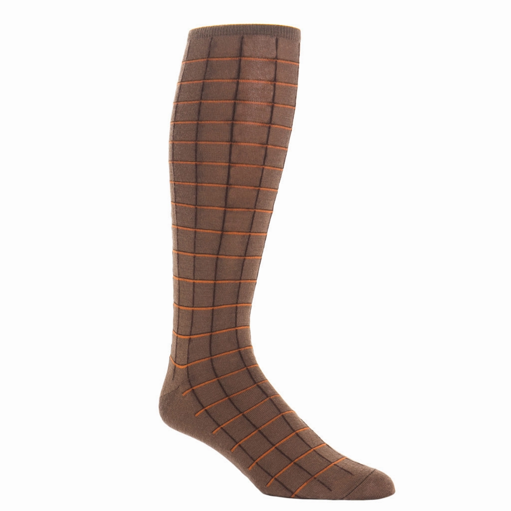 Brown with Burnt Orange and Coffee Brown Window Pane Fine Merino Wool Sock Linked Toe OTC