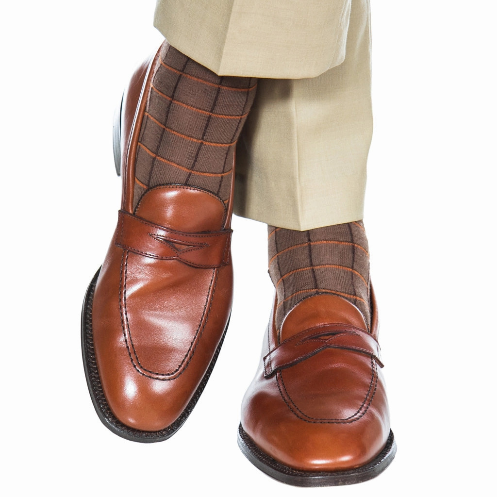 Brown with Burnt Orange and Coffee Brown Window Pane Fine Merino Wool Sock Linked Toe OTC