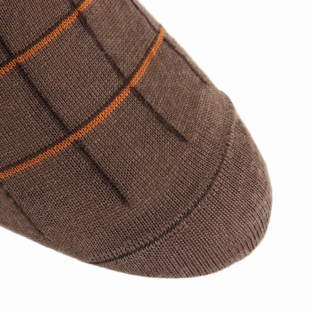 Brown with Burnt Orange and Coffee Brown Window Pane Fine Merino Wool Sock Linked Toe OTC