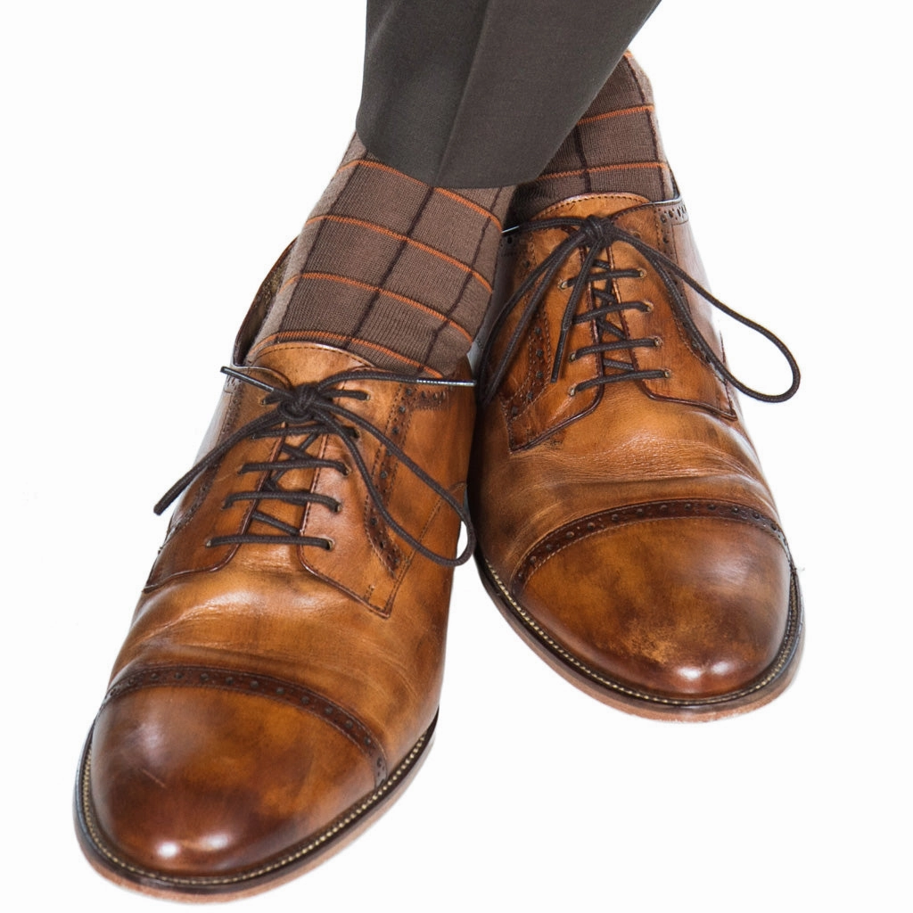 Brown with Burnt Orange and Coffee Brown Window Pane Fine Merino Wool Sock Linked Toe OTC
