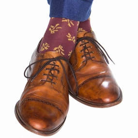 Burgundy with Saffron Tossed Leaves Fine Merino Wool Sock Linked Toe Mid-Calf