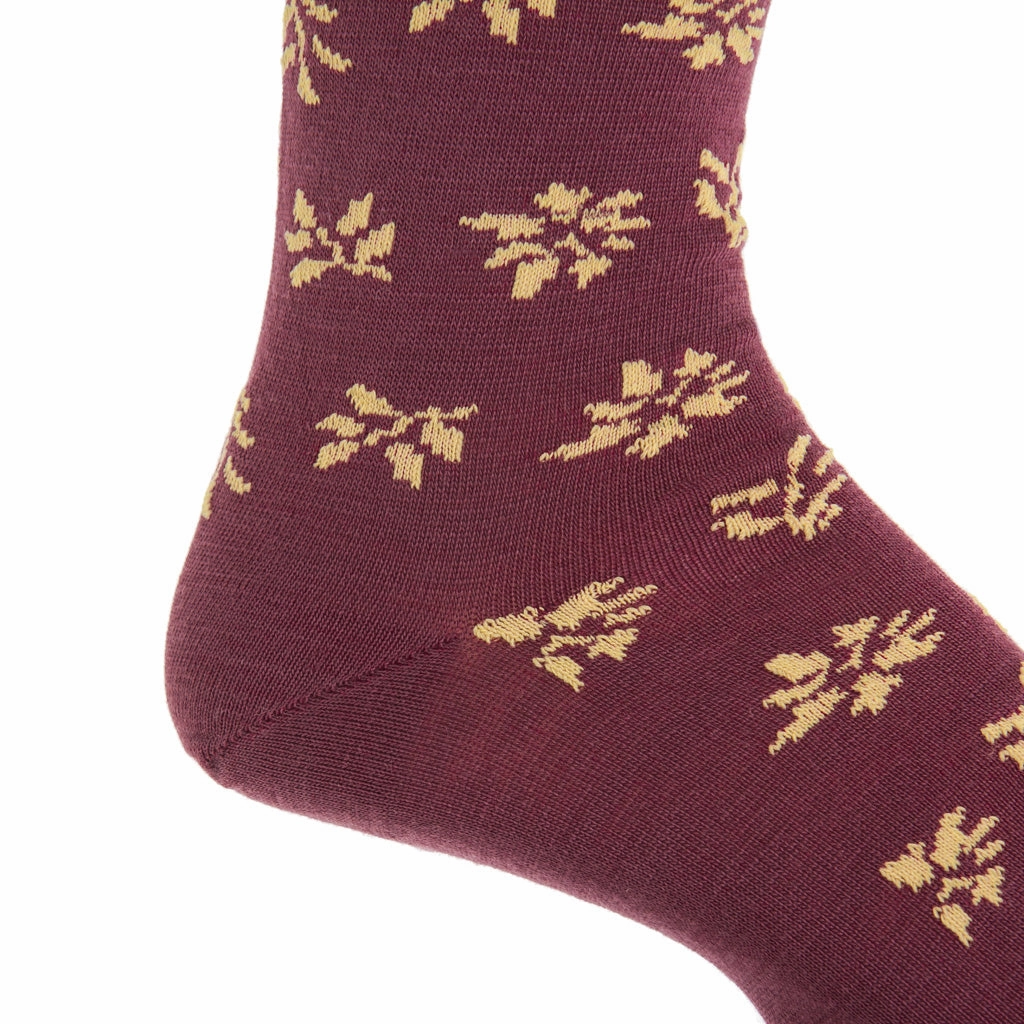 Burgundy with Saffron Tossed Leaves Fine Merino Wool Sock Linked Toe Mid-Calf