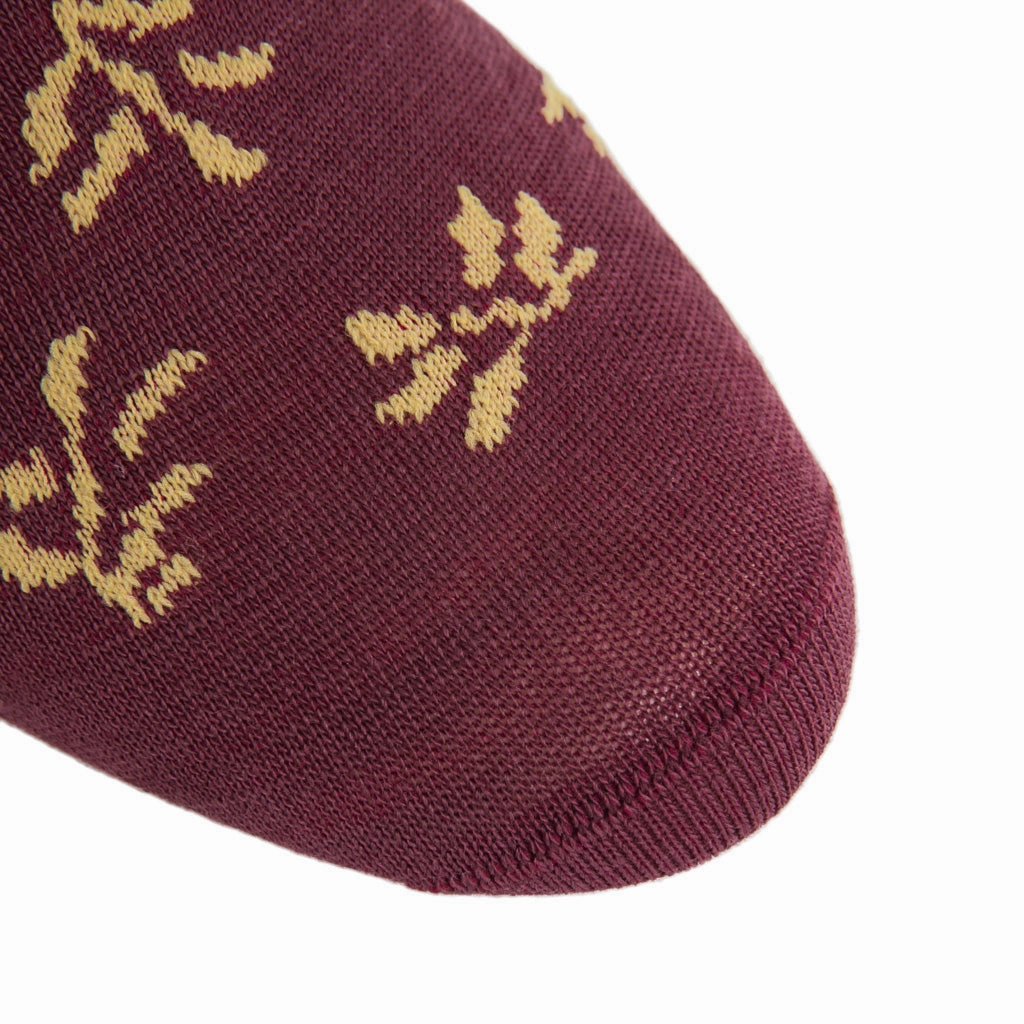 Burgundy with Saffron Tossed Leaves Fine Merino Wool Sock Linked Toe Mid-Calf
