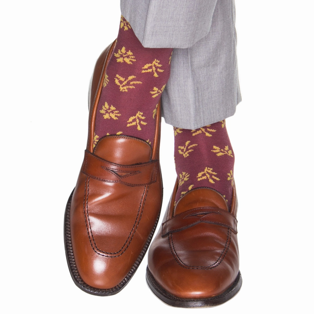 Burgundy with Saffron Tossed Leaves Fine Merino Wool Sock Linked Toe Mid-Calf