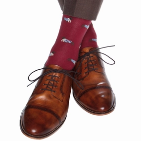 Burgundy with Taupe and Indigo Blue Dachshund with Scarf Fine Merino Wool Sock Linked Toe  Mid-Calf