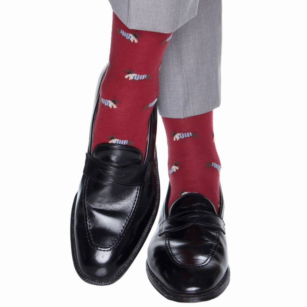 Burgundy with Taupe and Indigo Blue Dachshund with Scarf Fine Merino Wool Sock Linked Toe  Mid-Calf