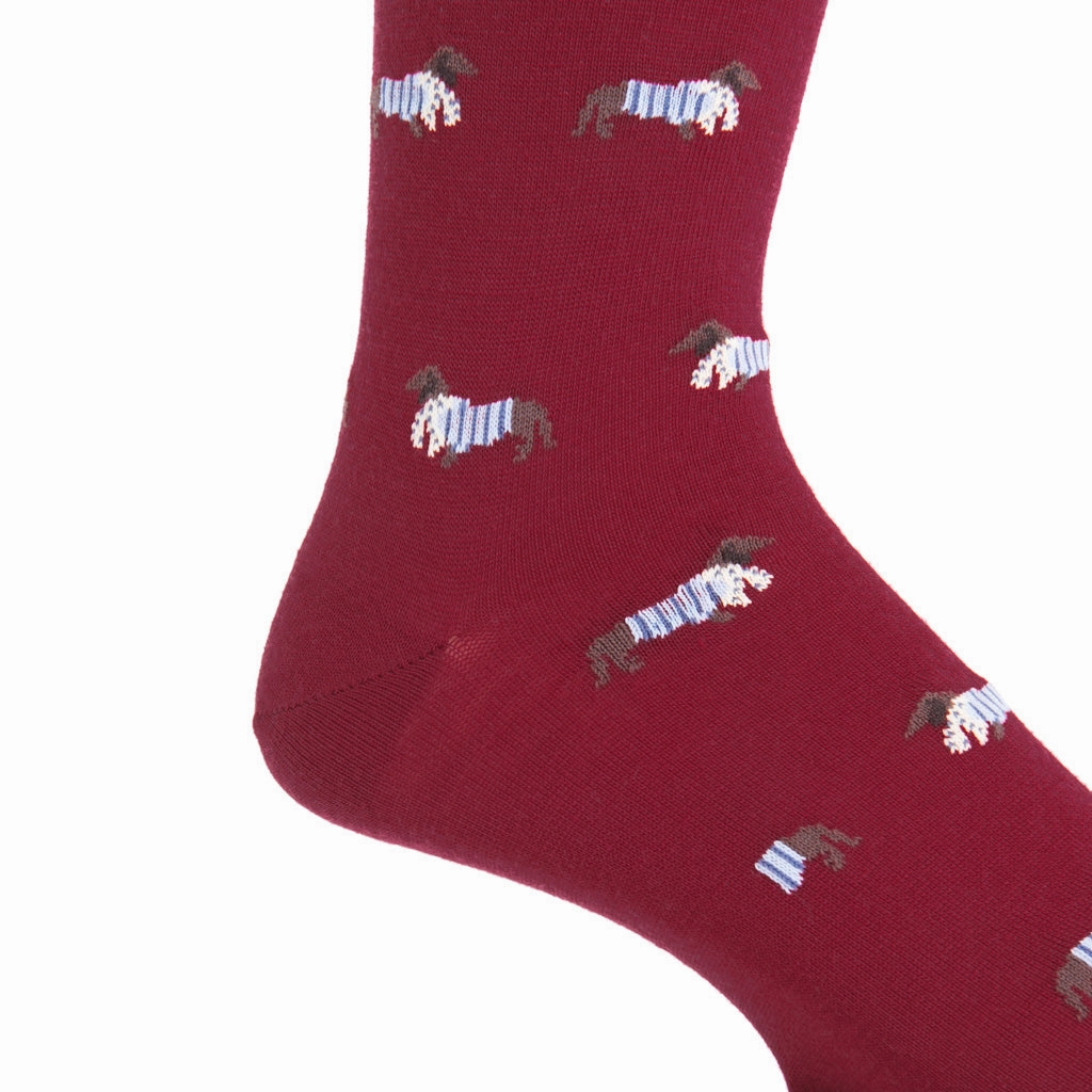 Burgundy with Taupe and Indigo Blue Dachshund with Scarf Fine Merino Wool Sock Linked Toe  Mid-Calf