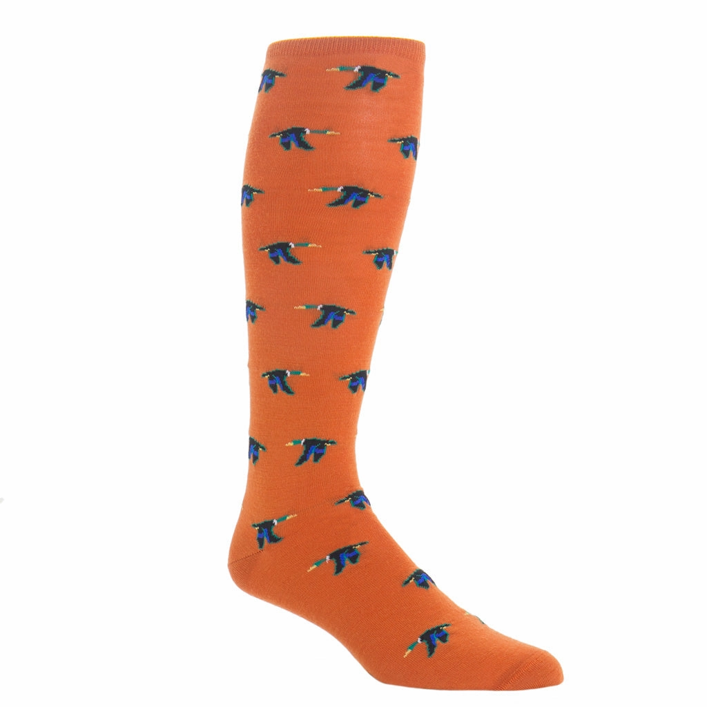 Burnt Orange with Taupe, Cream, Emerald Green, Clematis Blue and Black Mallard Fine Merino Wool Sock Linked Toe OTC