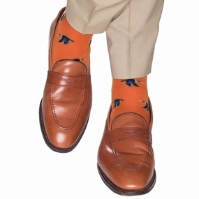 Burnt Orange with Taupe, Cream, Emerald Green, Clematis Blue and Black Mallard Fine Merino Wool Sock Linked Toe OTC