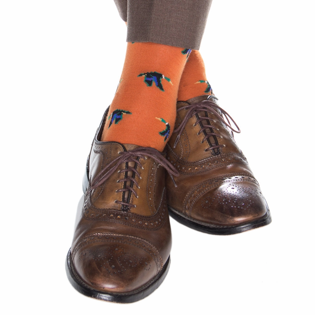 Burnt Orange with Taupe, Cream, Emerald Green, Clematis Blue and Black Mallard Fine Merino Wool Sock Linked Toe OTC