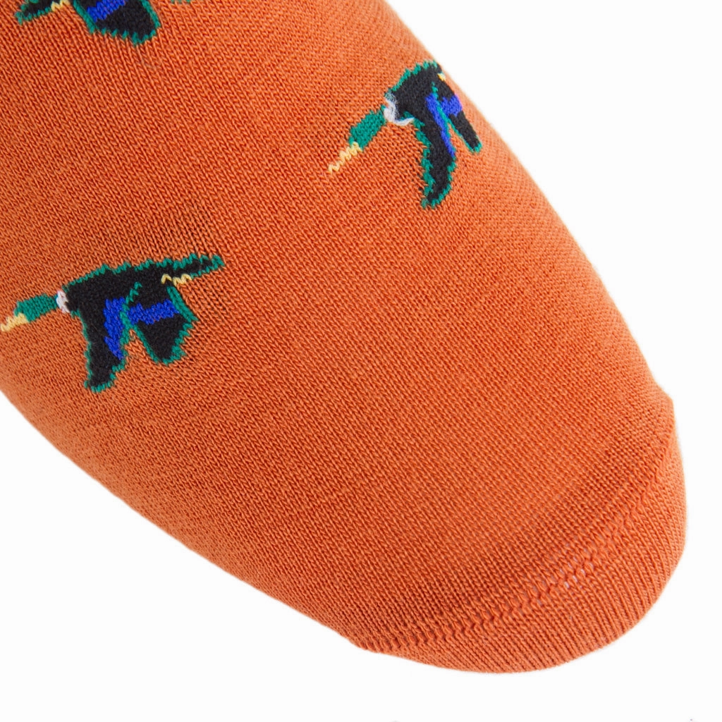 Burnt Orange with Taupe, Cream, Emerald Green, Clematis Blue and Black Mallard Fine Merino Wool Sock Linked Toe OTC