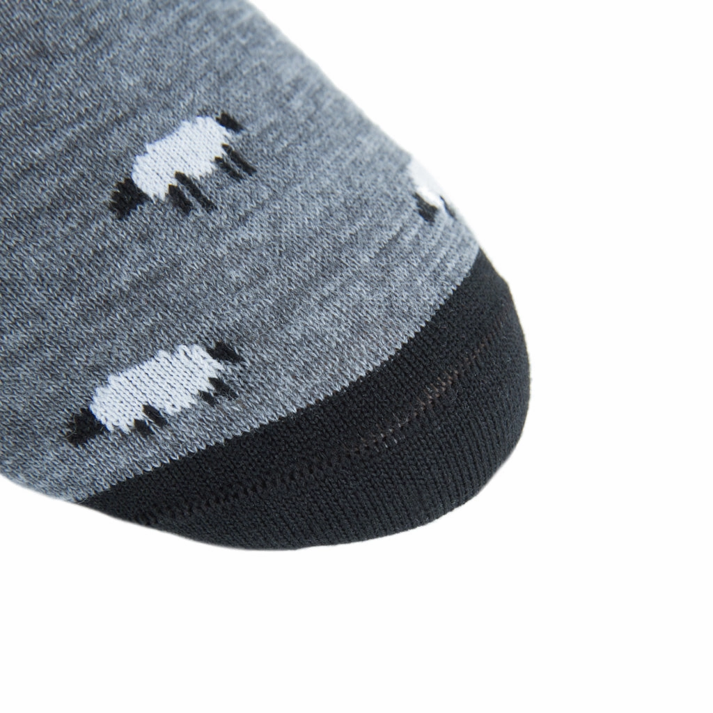 Charcoal Gray with Black and White Sheep Fine Merino Wool Sock Linked Toe Mid-Calf