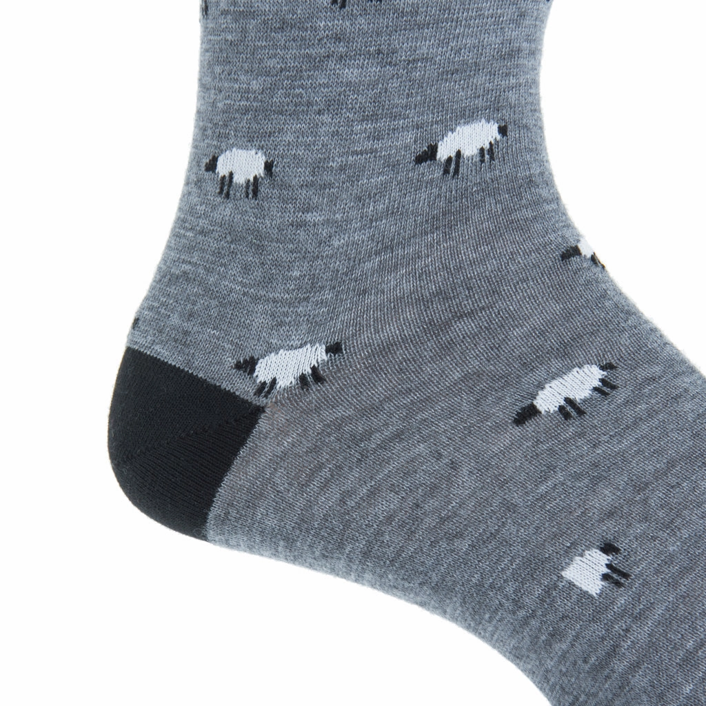 Charcoal Gray with Black and White Sheep Fine Merino Wool Sock Linked Toe Mid-Calf