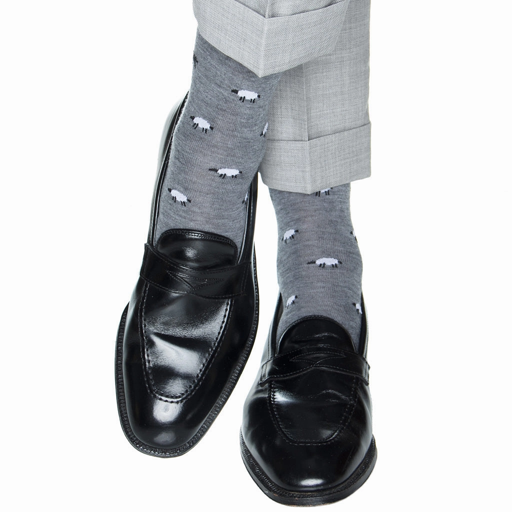 Charcoal Gray with Black and White Sheep Fine Merino Wool Sock Linked Toe Mid-Calf
