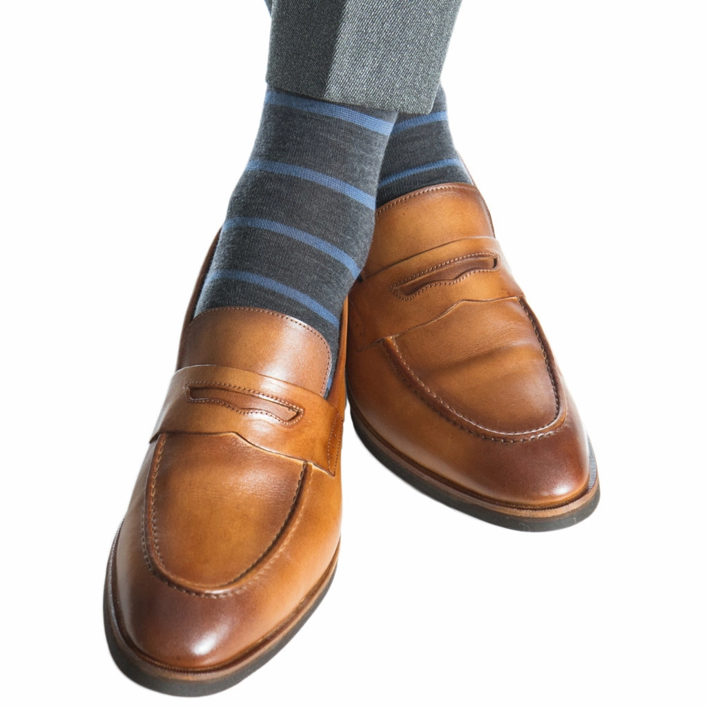 Charcoal with Bay Blue Stripe Fine Merino Wool Sock Linked Toe OTC