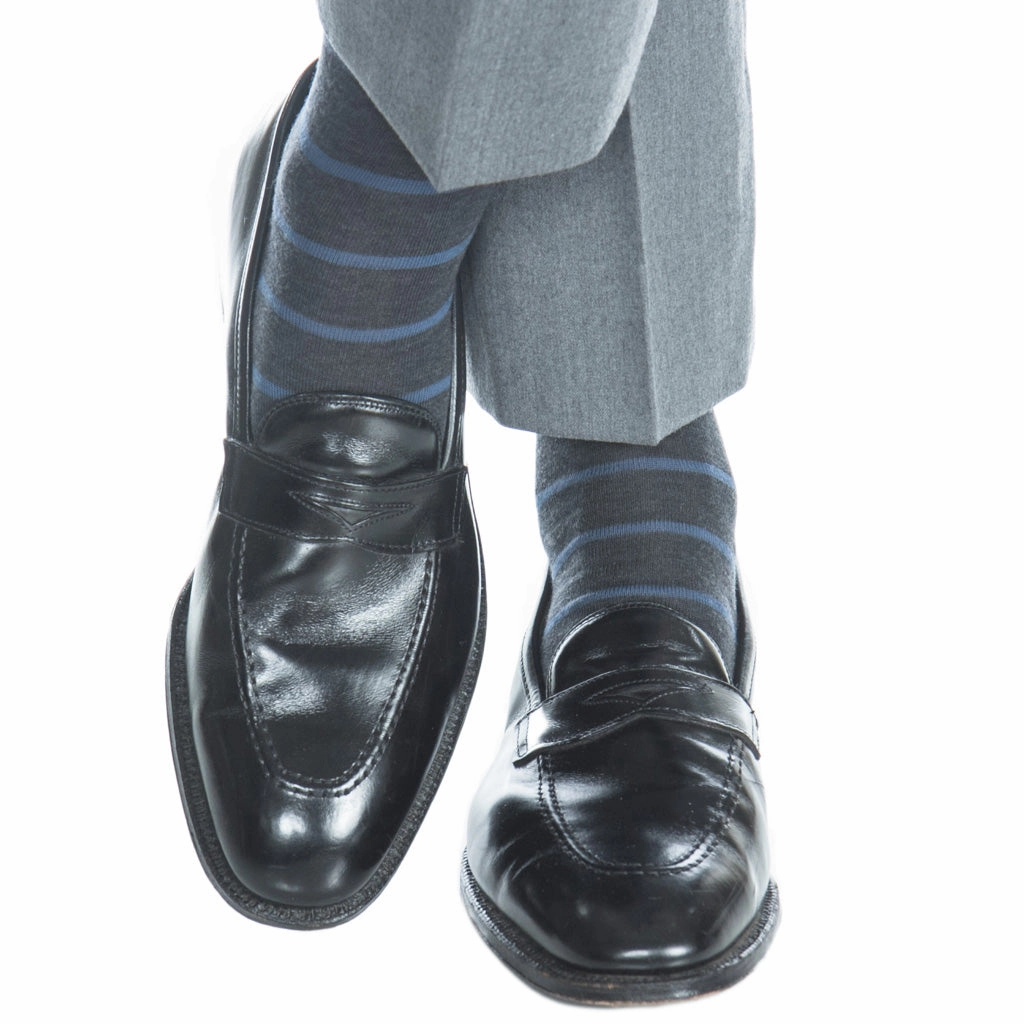 Charcoal with Bay Blue Stripe Fine Merino Wool Sock Linked Toe OTC