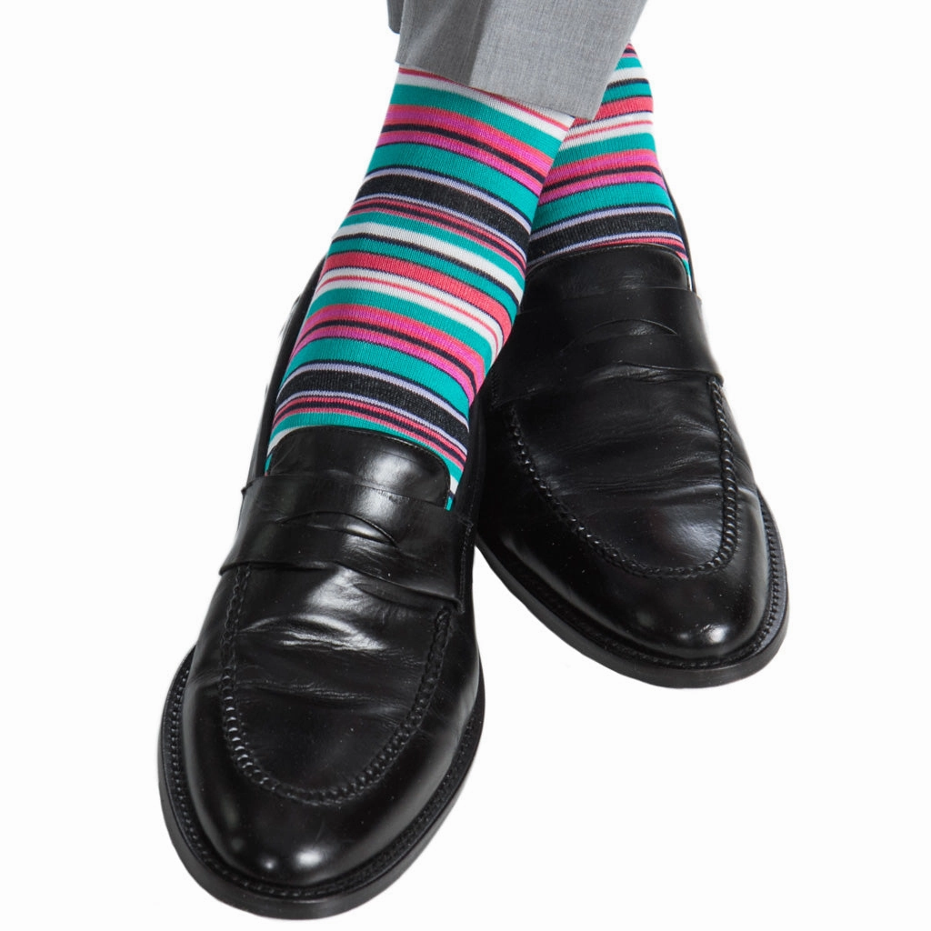 Cl. Navy, with White, Azure Blue, Coral, Rose, Lavender and Ceramic Variegated Stripe Cotton Sock Linked Toe OTC