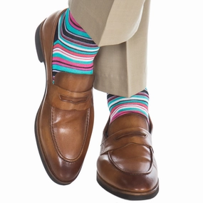 Cl. Navy, with White, Azure Blue, Coral, Rose, Lavender and Ceramic Variegated Stripe Cotton Sock Linked Toe OTC